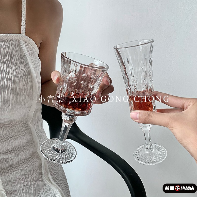 玻璃香槟杯高颜值小众复古ins风钻石浮雕高