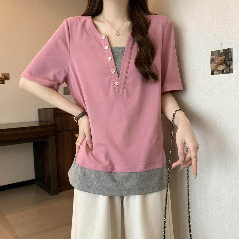 女士V领假两件宽松短袖t恤女装2026夏季新款修身弧形下摆休闲上衣