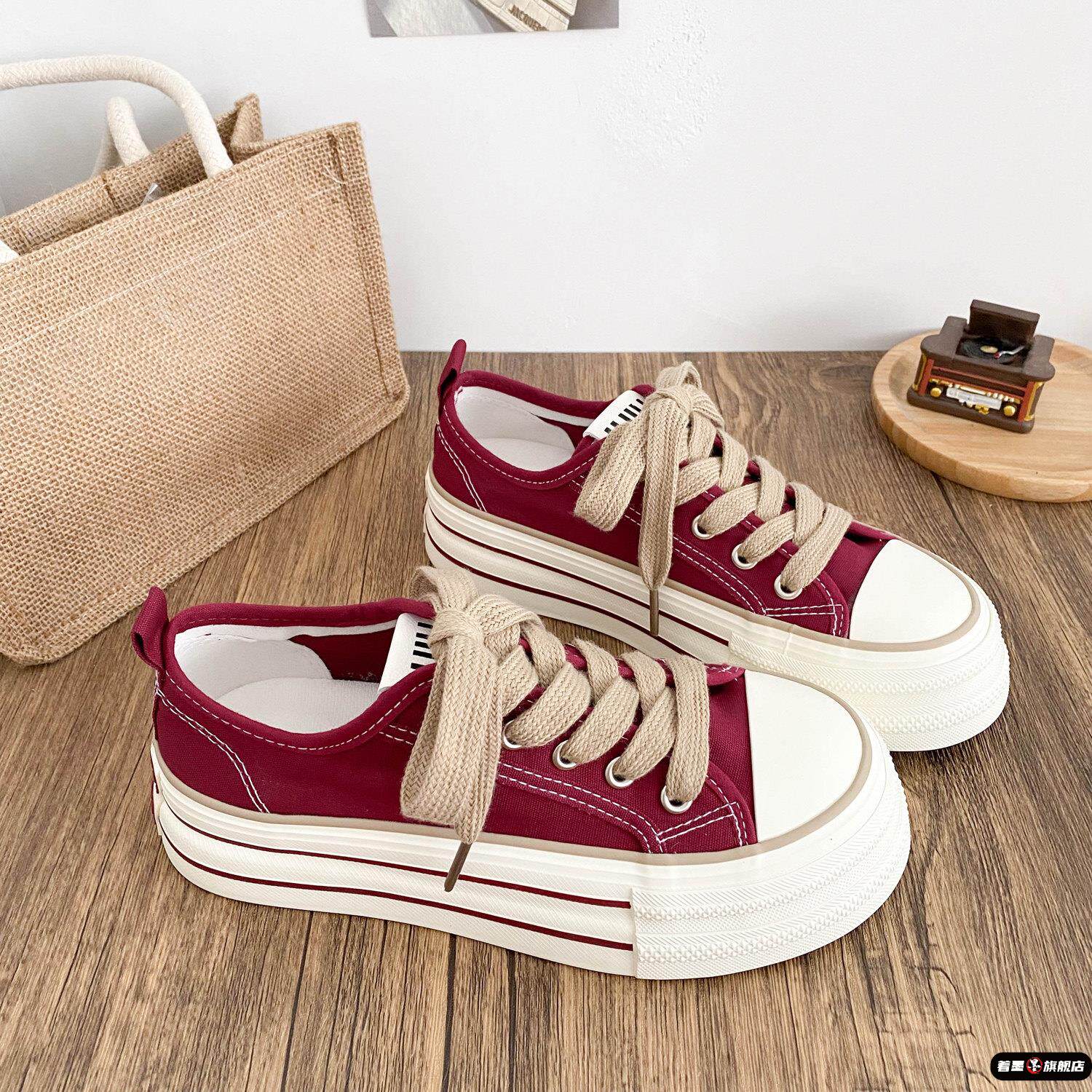 春季厚底帆布鞋女款安可拉红厚底增高女复古百搭学生软底休闲板鞋