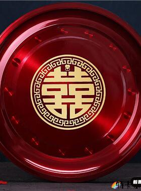 不锈钢结婚果盘茶盘红色圆形中式红喜盘新娘敬茶盘糖果盘婚庆用品