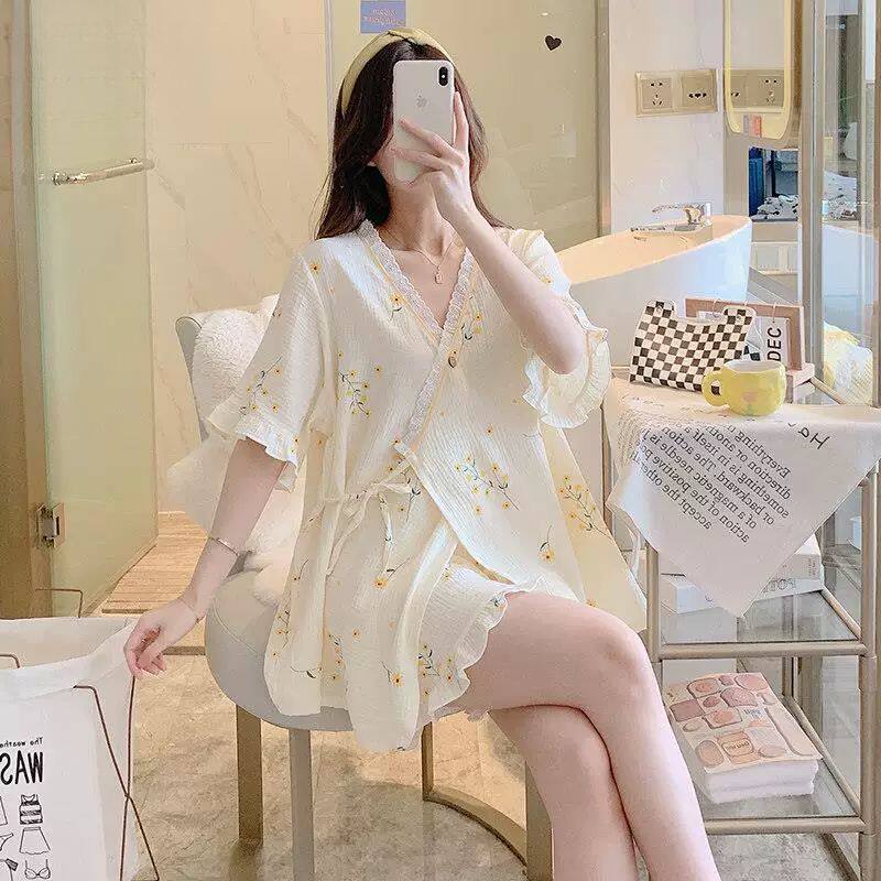 产妇夏季薄款透气吸汗月子服短袖哺乳睡衣夏装孕妇待产产后喂奶穿