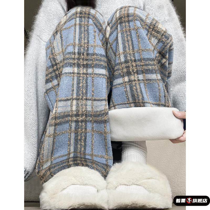 蓝色毛呢格子裤女秋冬季2025新款运动护腰休闲直筒显瘦加绒阔腿裤,运动/瑜伽/健身/球迷用品,运动护腰,淘宝优惠券,粉丝福利购,淘宝优惠卷