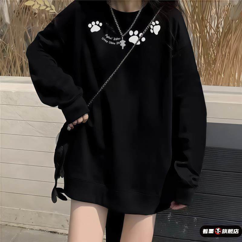 秋冬加绒加厚卫衣女2025新款爆款纯棉初中生圆领无帽黑色美式宽松