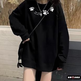 秋冬加绒加厚卫衣女2025新款爆款纯棉初中生圆领无帽黑色美式宽松