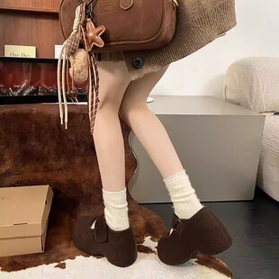 欧货毛呢毛毛鞋一字魔术贴玛丽珍厚底松糕单鞋小个子7cm大头棉鞋