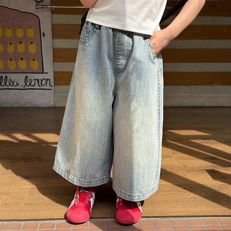女童中腰宽松牛仔阔腿裤春夏2026新款女大童洋气时髦窄版女直筒裤