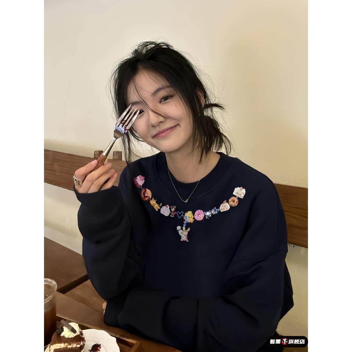 美式复古圆领卫衣少女大童秋冬加绒初中高中学生宽松纯棉无帽上衣