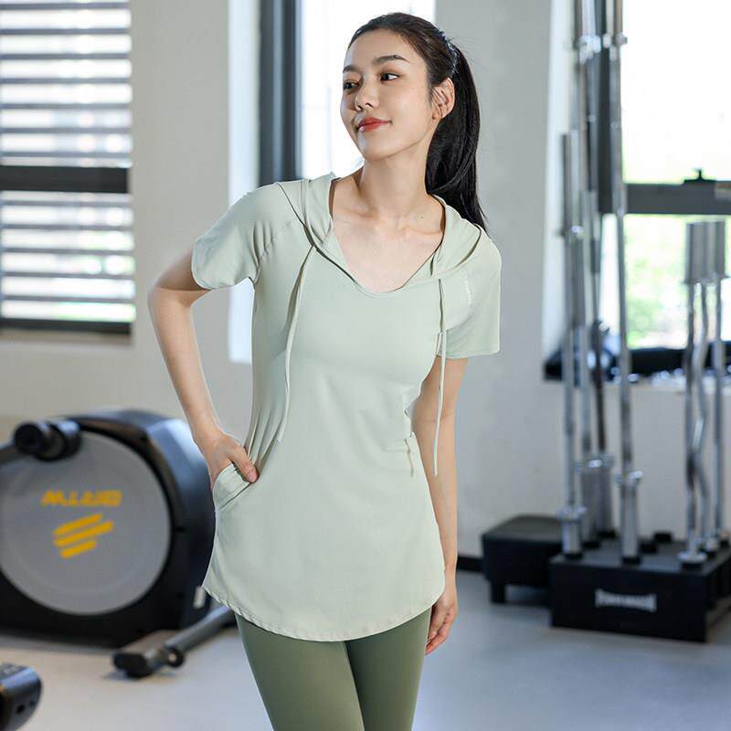 孕妇速干显瘦运动上衣网红健身服女长款遮臀连帽短袖跑步瑜伽服夏