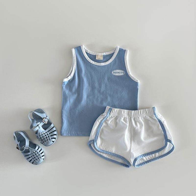 男童运动背心短裤套装ins纯色英文字母印花简单百搭宝宝可穿夏天