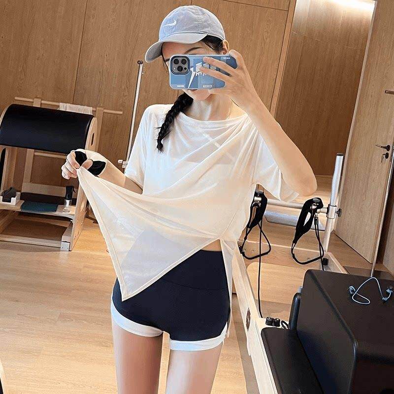 孕妇宽松冰丝速干T恤健身运动短袖罩衫女夏薄外穿透气瑜伽服上衣