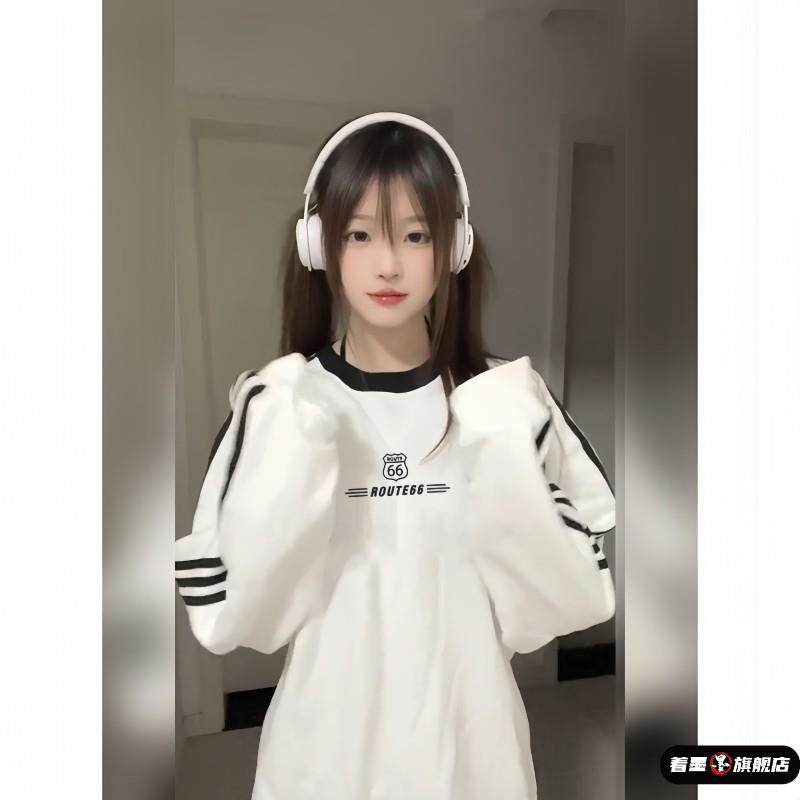 美式三条杠圆领卫衣女大童春秋新款初中高中学生宽松纯棉长袖上衣