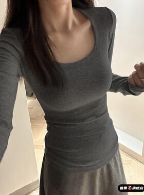 灰色长袖内搭打底衫t恤女u领正肩修身早秋季低领上衣辣妹紧身收腰