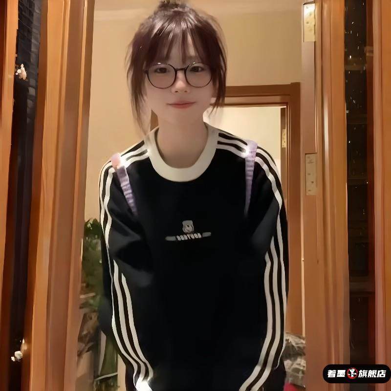 美式三条杠圆领卫衣少女大童2025春秋薄款初中生宽松长袖T恤上衣