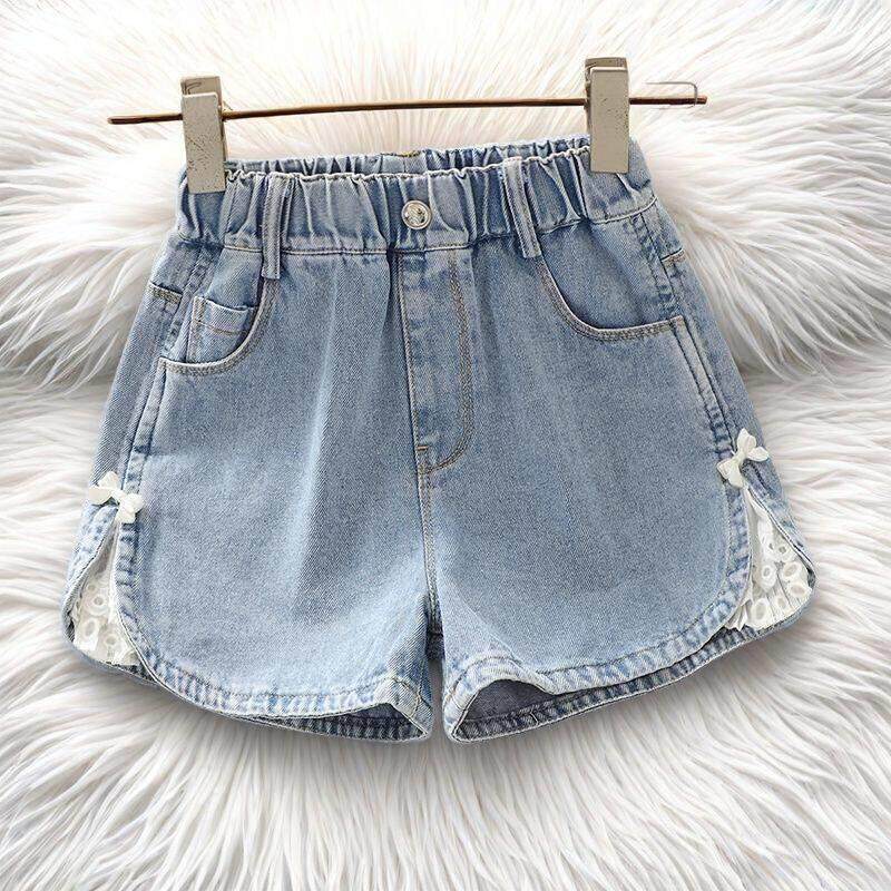 女童夏季薄款外穿短裤裤子夏超好看韩系洋气蕾丝女孩浅色儿童牛仔