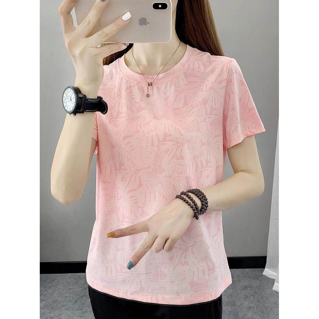 孕妇宽松冰丝速干T恤女圆领短袖夏季轻薄透气跑步运动服大码上衣