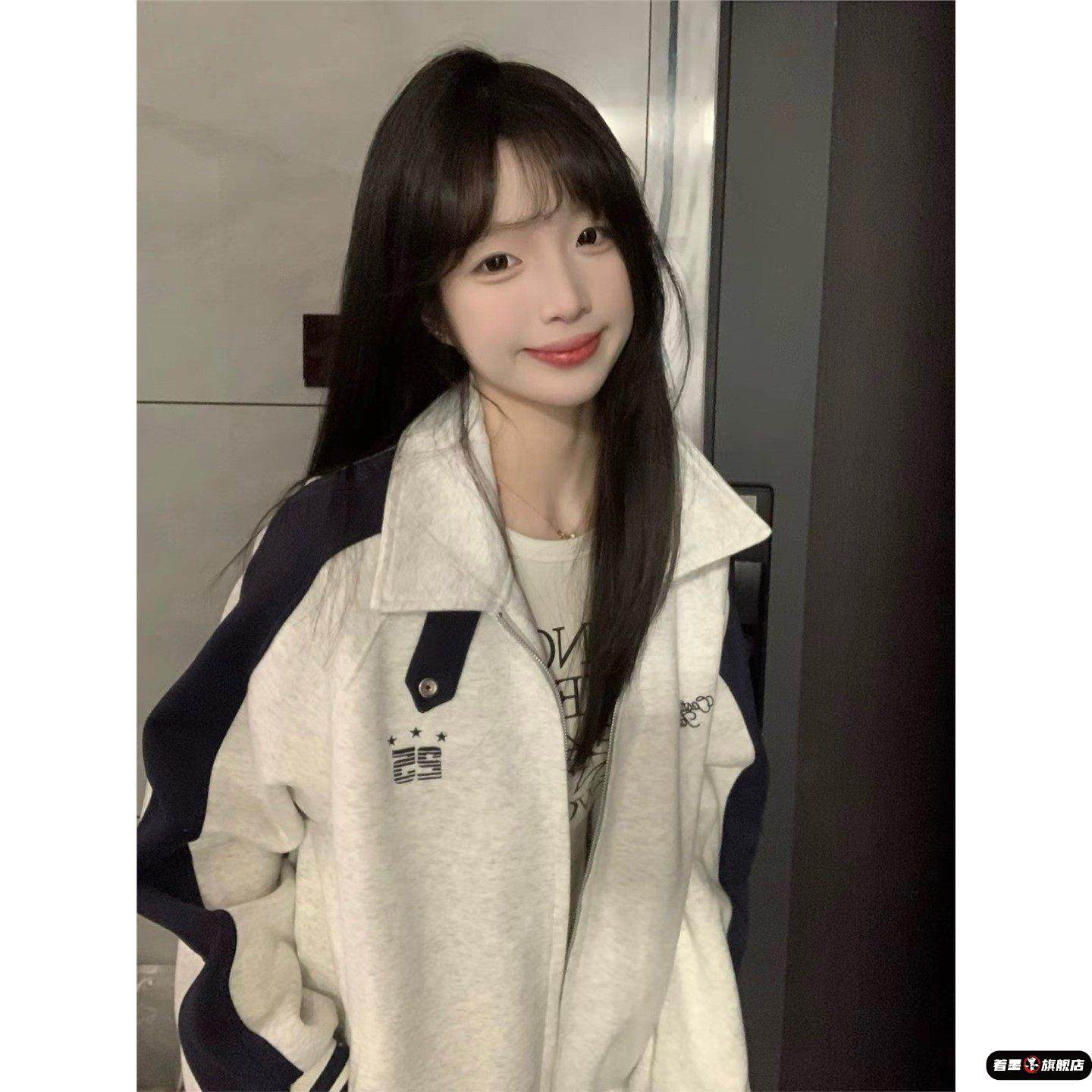 美式立领开衫拼接插肩学院风卫衣女春秋初中高中学生夹克上衣外套