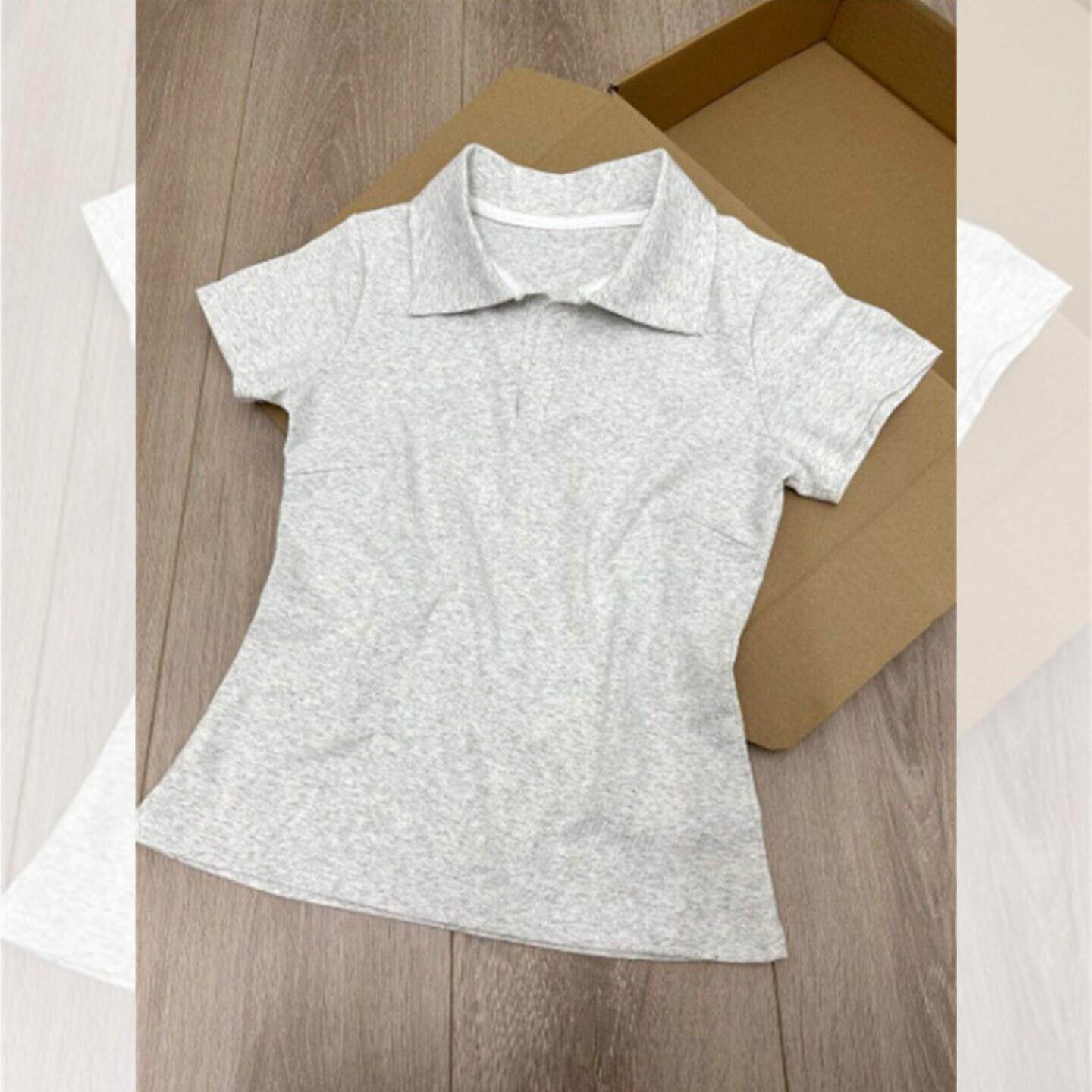 女士正肩收腰短袖polo衫藏青色t恤女夏季设计感修身短款辣妹上衣