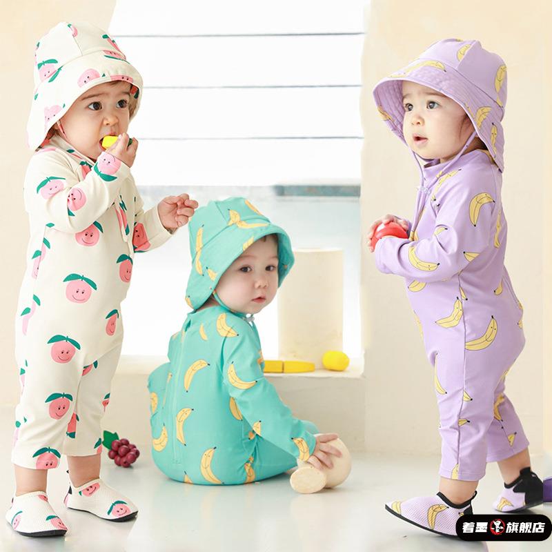 韩国新款儿童泳衣女童连体长袖防晒泳装ins男童0-7婴儿游泳衣泳帽
