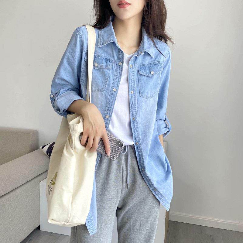 孕妇中长款宽松牛仔衬衫春装韩版休闲大码遮肚子春夏款小个子衬衣