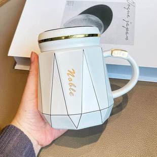 马克杯喝水杯女生男士 陶瓷杯带盖新款 办公室情侣高颜值家用茶杯子