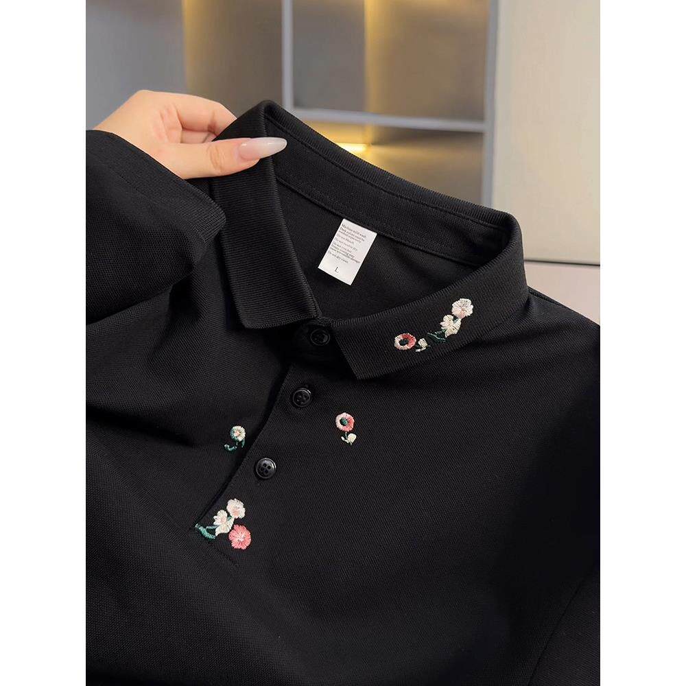 男士简约刺绣短袖polo衫夏季新款中国风花卉刺绣修身帅气透气翻领