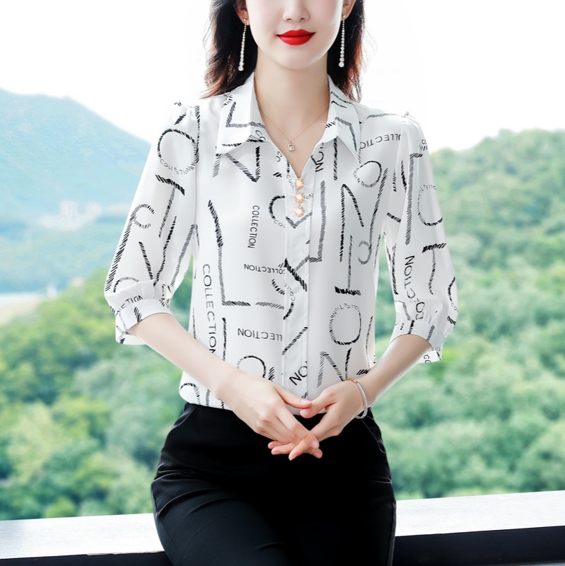 品哥弟新款桑蚕丝短袖衬衣女七分袖雪纺衫中年妈妈显瘦洋气上衣夏