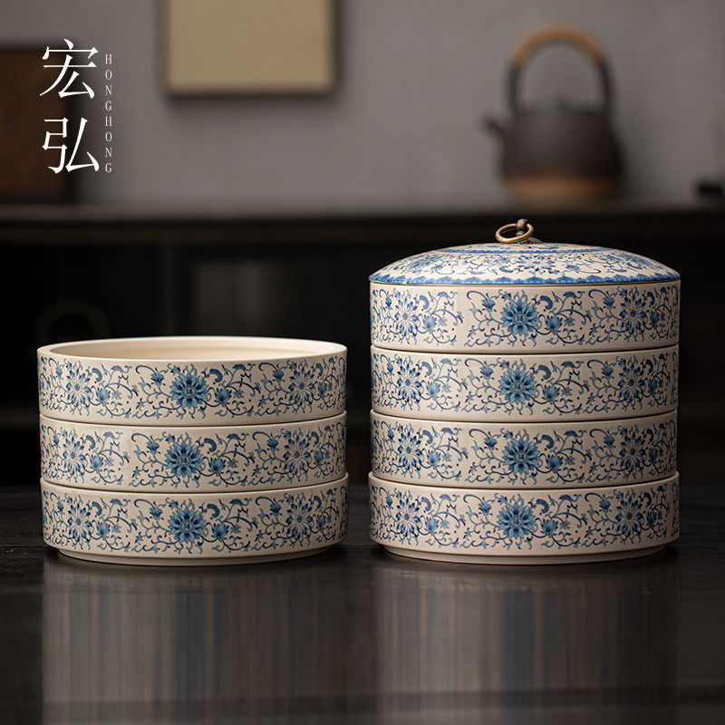 青花陶瓷茶叶罐家用白茶普洱茶饼罐茶盒分层可叠加收纳盒七子饼罐