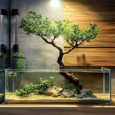 水杨梅溪流鱼缸造景老桩水陆乌龟缸上叶水培根大根盘绿植盆栽