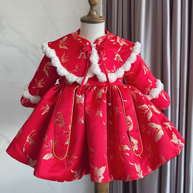 周岁女宝宝冬装礼服红色加厚拜年服婴儿抓周宴公主裙高端唐装冠衣