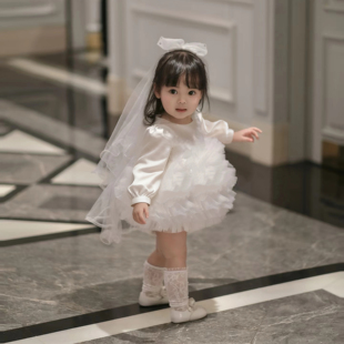 儿童礼服女宝周岁生日公主裙蝴蝶结长袖蓬蓬裙小花童白色蛋糕裙