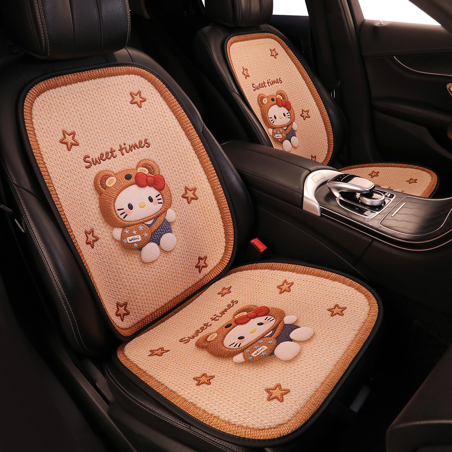 汽车坐垫夏季透气亚麻卡通座垫座椅套车载可爱半包座套四季通用女