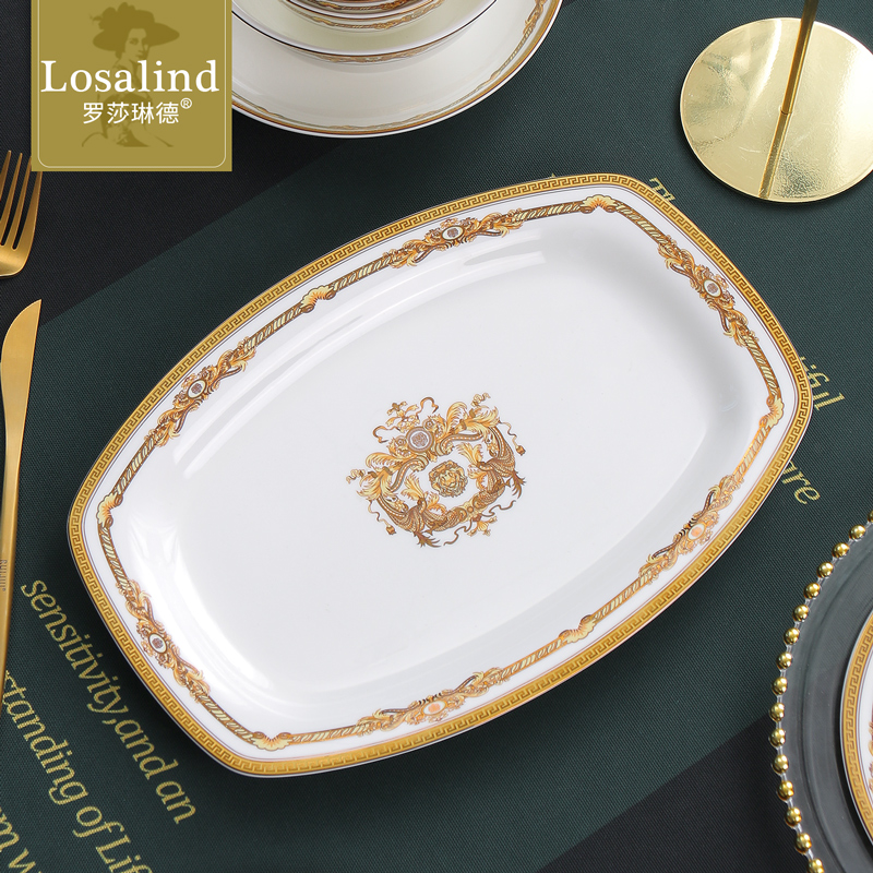 蒸鱼盘子家用骨瓷长方形大号金边鱼碟子盛鱼盘装微波炉12英寸鱼盘