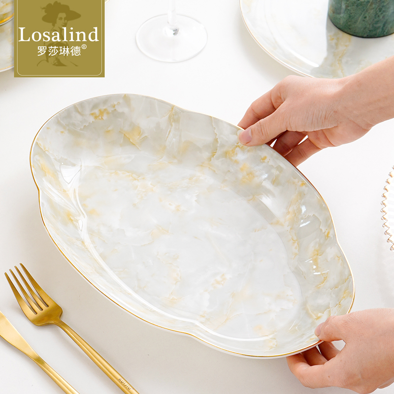 骨瓷家用13英寸大号花边深鱼盘