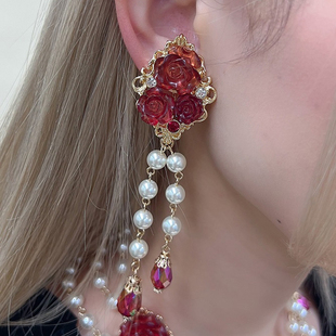 axesfemme日系复古优雅华丽玫瑰珍珠装 饰女士耳夹耳饰BL642X01C
