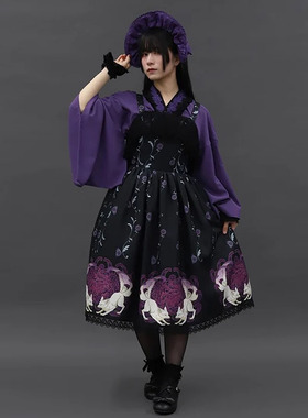 axesfemme日系菊花与狐狸印花蕾丝拼接修身Lolita吊带裙LD341X03C