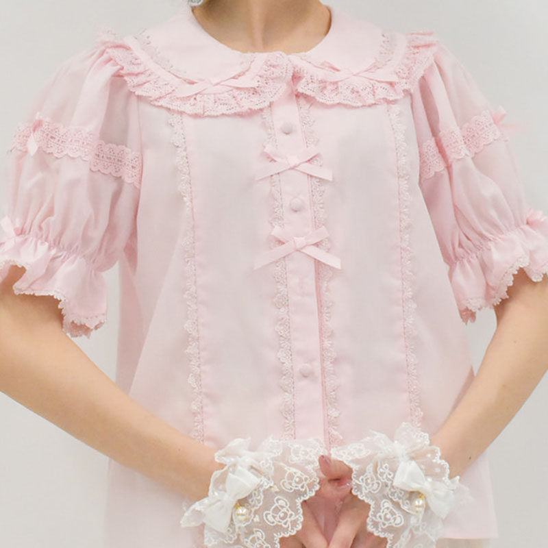 axesfemme甜美lolita日系圆领蝴蝶结蕾丝花边纯色衬衫LD81X02C