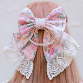 axesfemme甜美玫瑰印花链条蕾丝装 饰蝴蝶结弹簧夹发饰TS649X07C