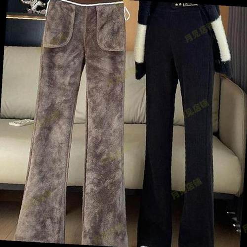 雪尼尔特厚羊羔绒女大码200斤冬季加绒加厚阔腿显瘦休闲喇叭裤子