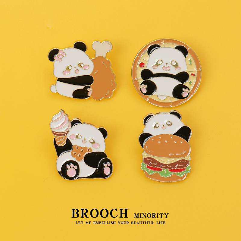 熊猫胸针金属徽章吃汉堡薯条国宝成都旅游纪念胸针衣服包包配件