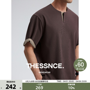 新款 THESSNCE 男2025夏季 T恤 亨利领针梭织撞色衬衫 条拼接短袖
