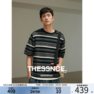 THESSNCE T恤男春夏 新疆长绒棉16针不规则提花条纹 针织休闲短袖