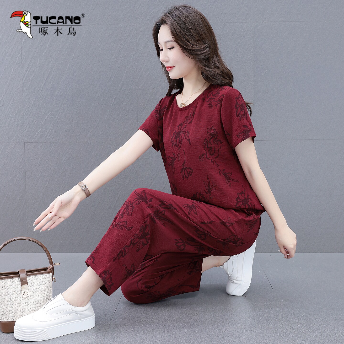 啄木鸟雪纺夏季薄款运动服套装女2026新款休闲时尚洋气妈妈两件套