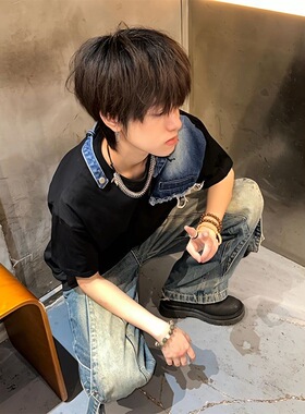 【两件装】简约休闲t恤欧美式牛仔拼接短袖+重工拼接阔腿牛仔裤潮