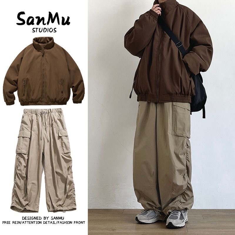 两件装/单件日系复古加厚立领棉衣男中性风宽松情侣棉服冬季套装