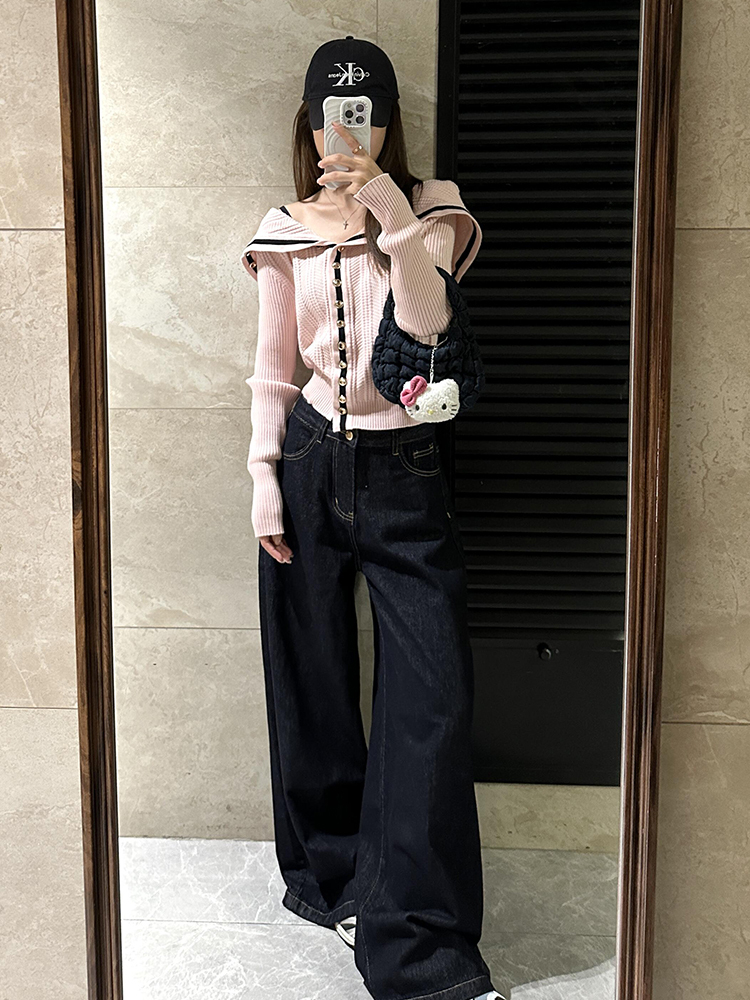 海军领粉色一字肩毛衣开衫女秋冬季新款甜美减龄针织短款上衣外套