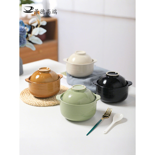 景德镇奶油风双耳汤碗大号家用不烫手双耳碗陶瓷带盖高颜值汤面碗