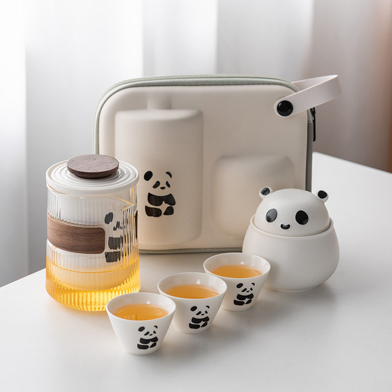 景德高端熊猫功夫茶具茶杯套装便携式旅行茶具泡茶壶快客茶杯高档