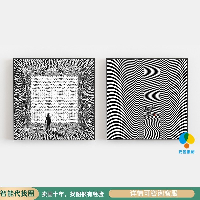 现代简约轻奢视觉错觉几何线条人物抽象两联装饰画j画芯素材高清