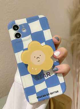 蓝棋盘花朵支架15ProMax苹果14手机壳iphone保护套XS/11适用8软13