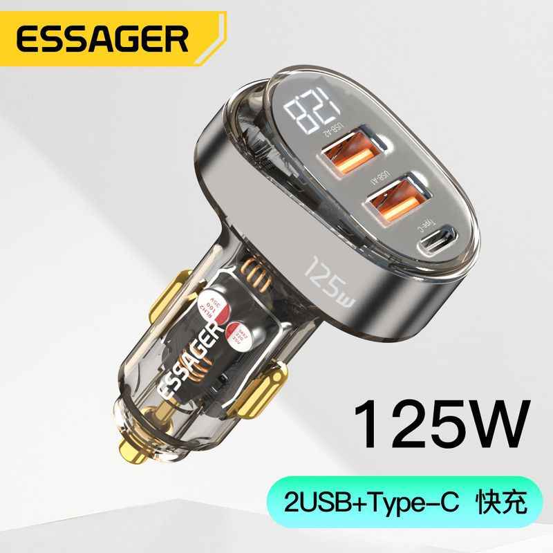 ESSAGER锋芒125W车充三口透明数显汽车充电器PD65W车载快充点烟器